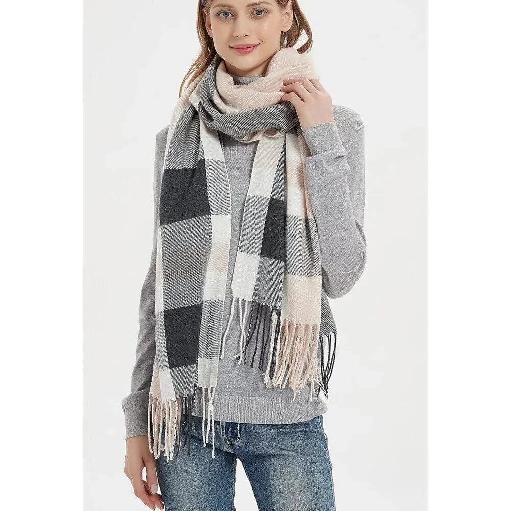 Women's Grey Pink Fashion Long Shawl Big Grid Winter Warm Lattice Large Scarf